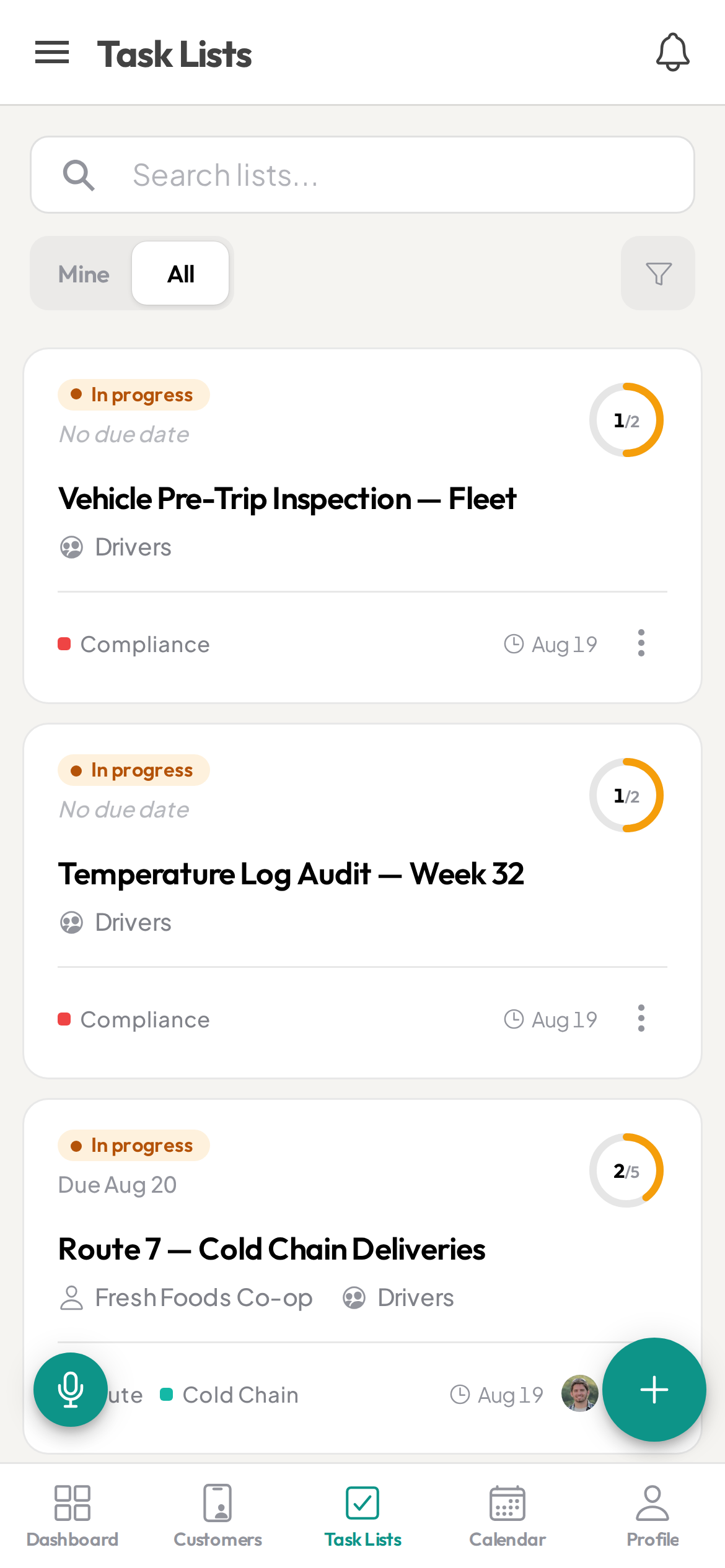 Ziptask delivery task lists on a phone