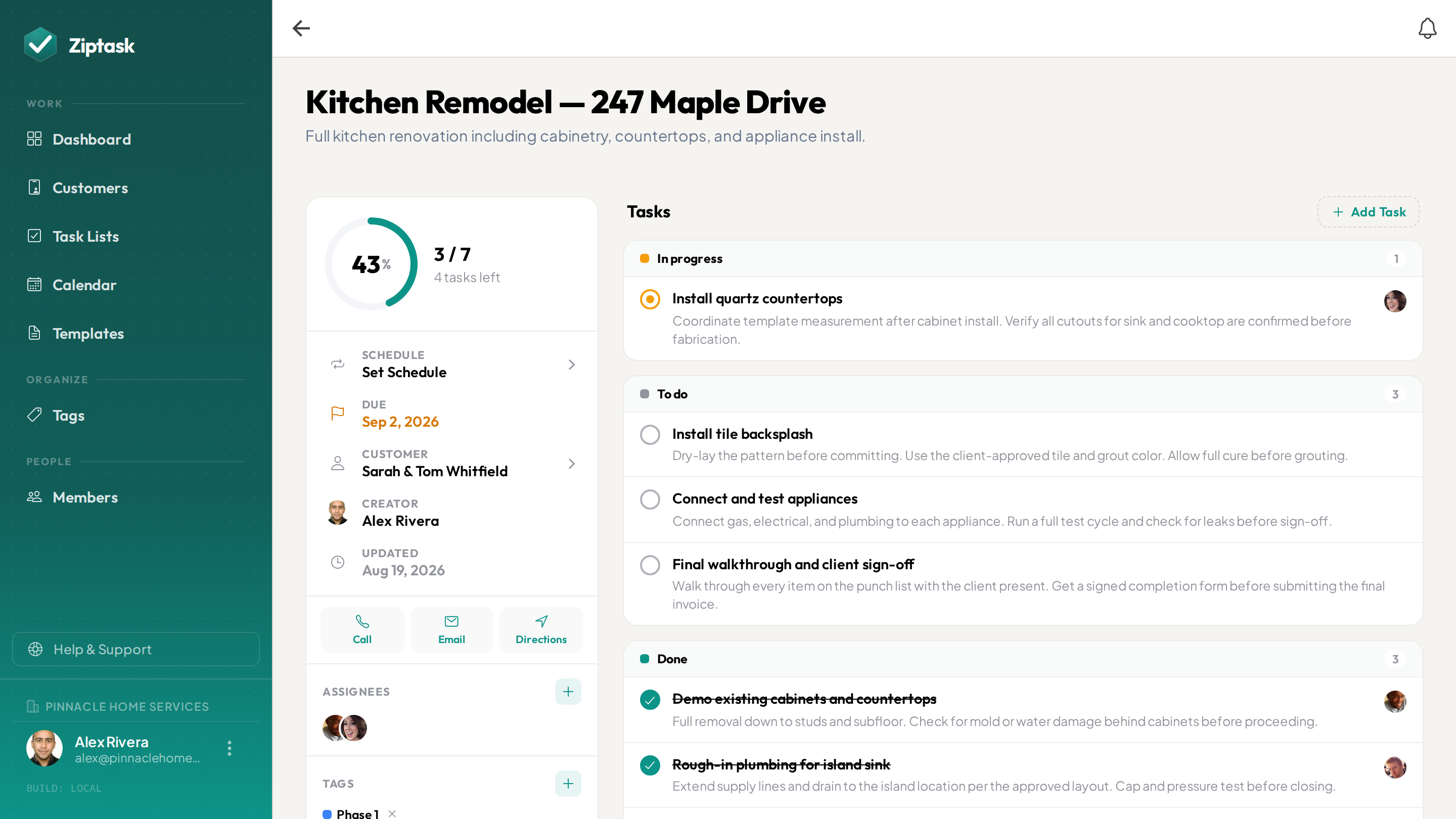A field-service job open in Ziptask on desktop