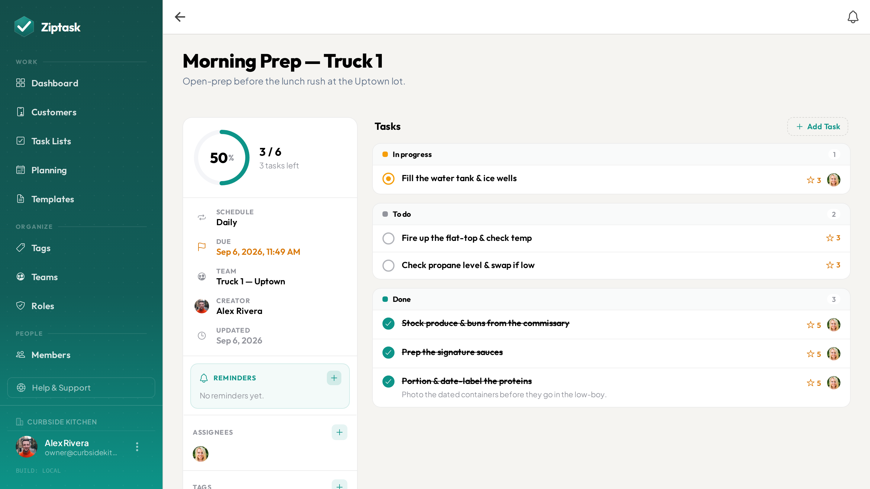 A food truck prep and close checklist open in Ziptask on desktop