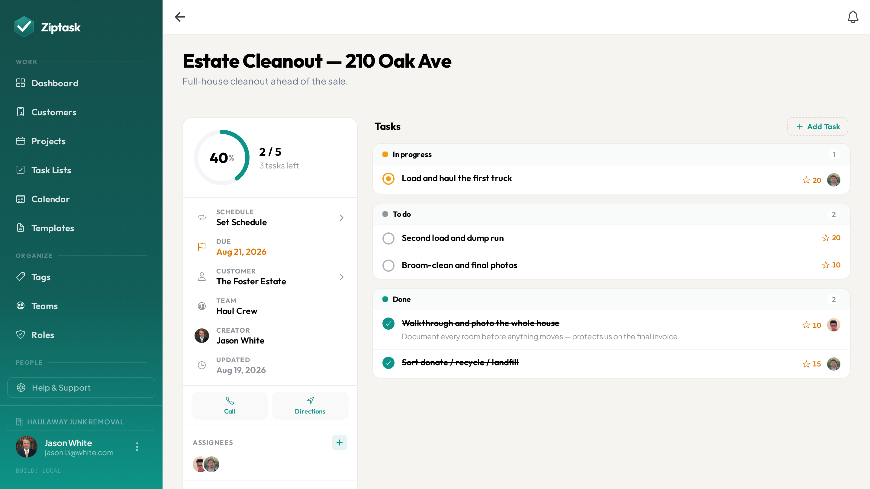 A cleanout job open in Ziptask on desktop