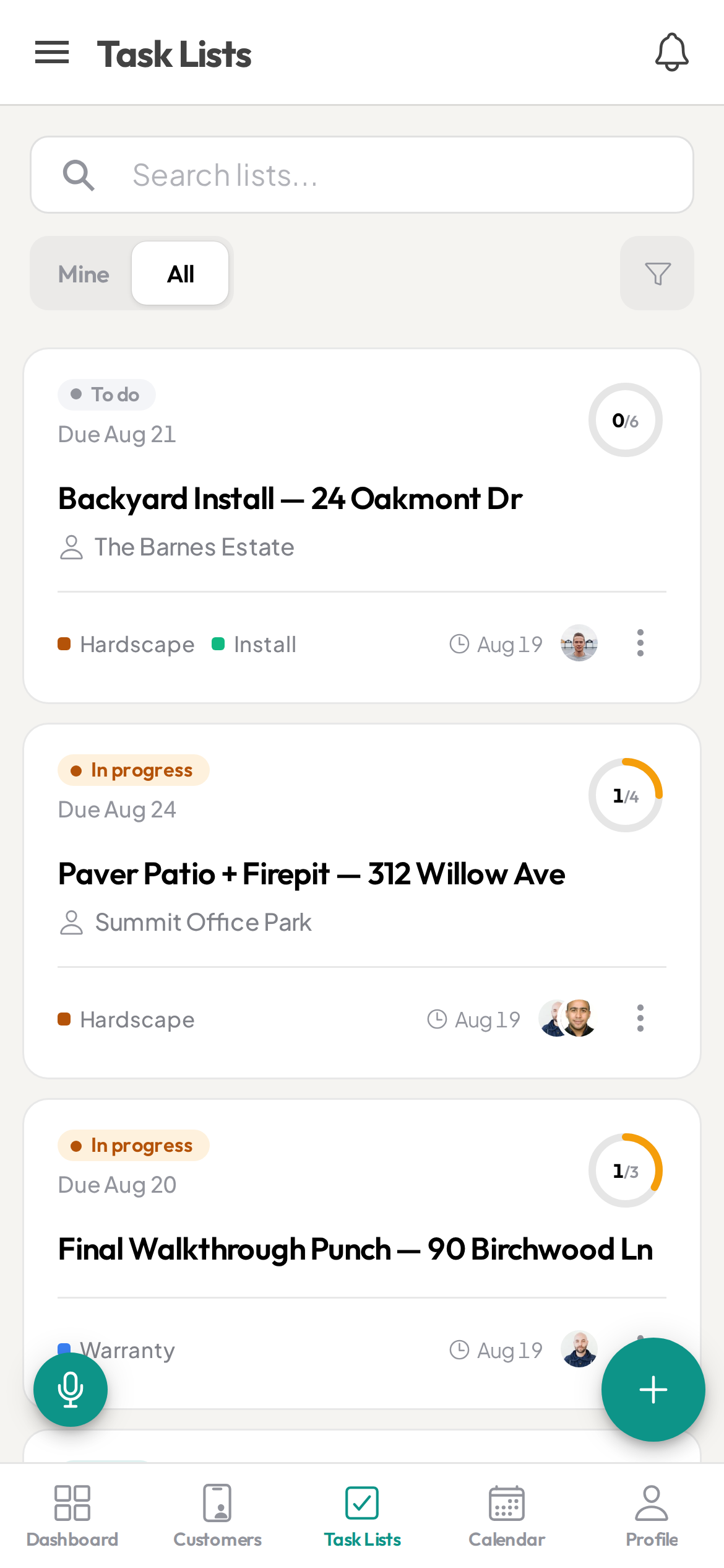 Ziptask landscaping task lists on a phone