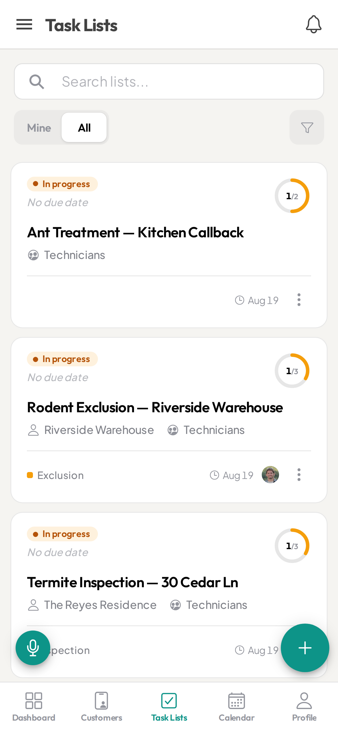 Ziptask pest-control task lists on a phone