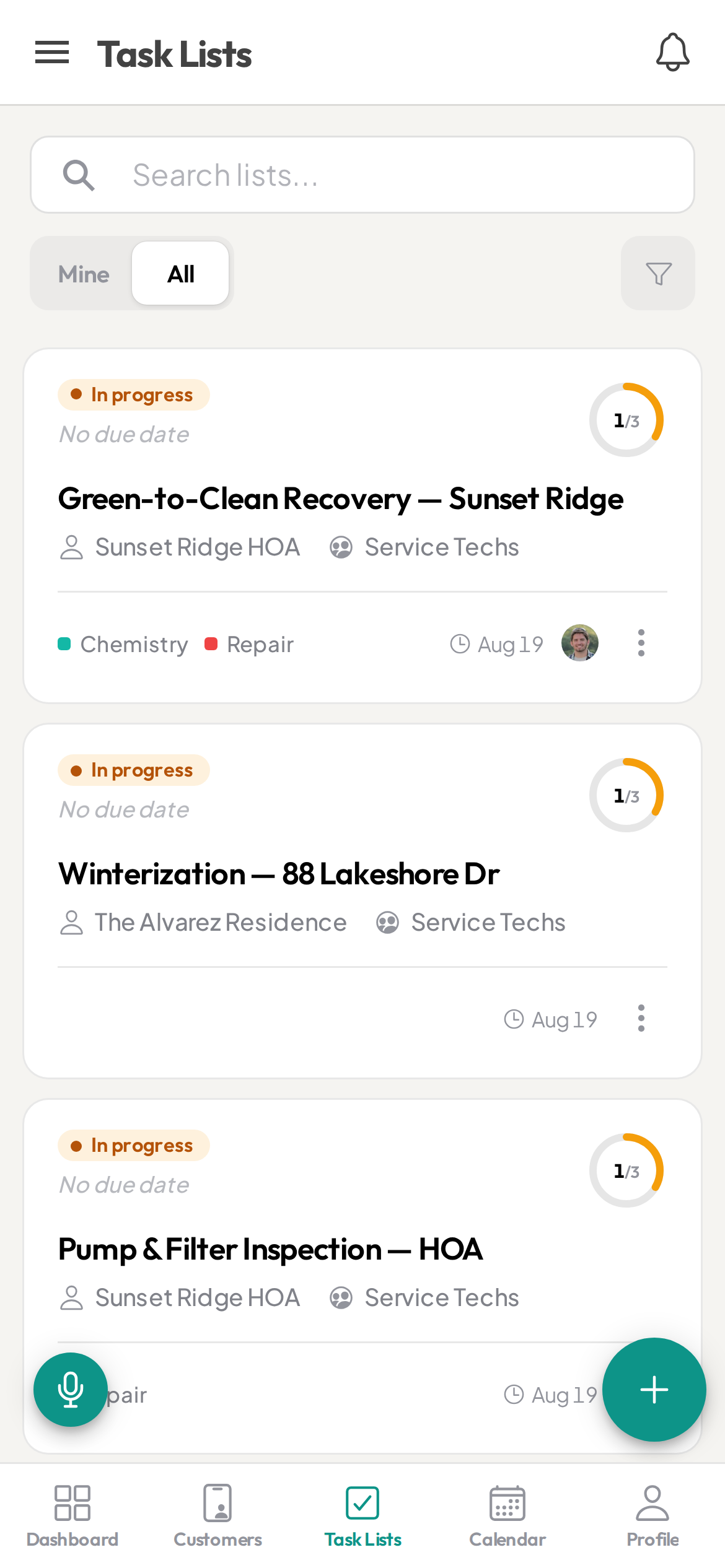 Ziptask pool-service task lists on a phone