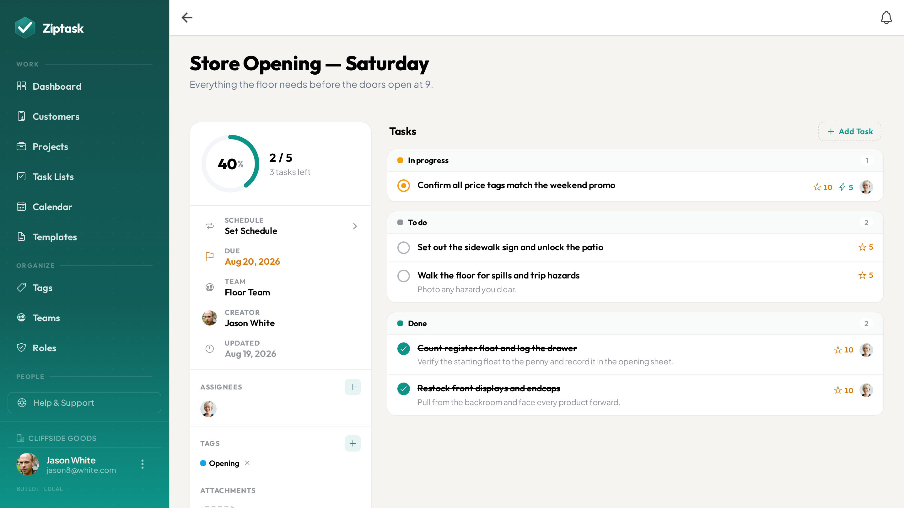 A store opening checklist open in Ziptask on desktop