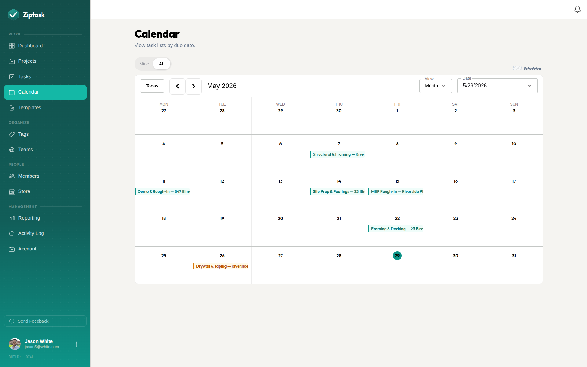 Ziptask calendar view with recurring task lists