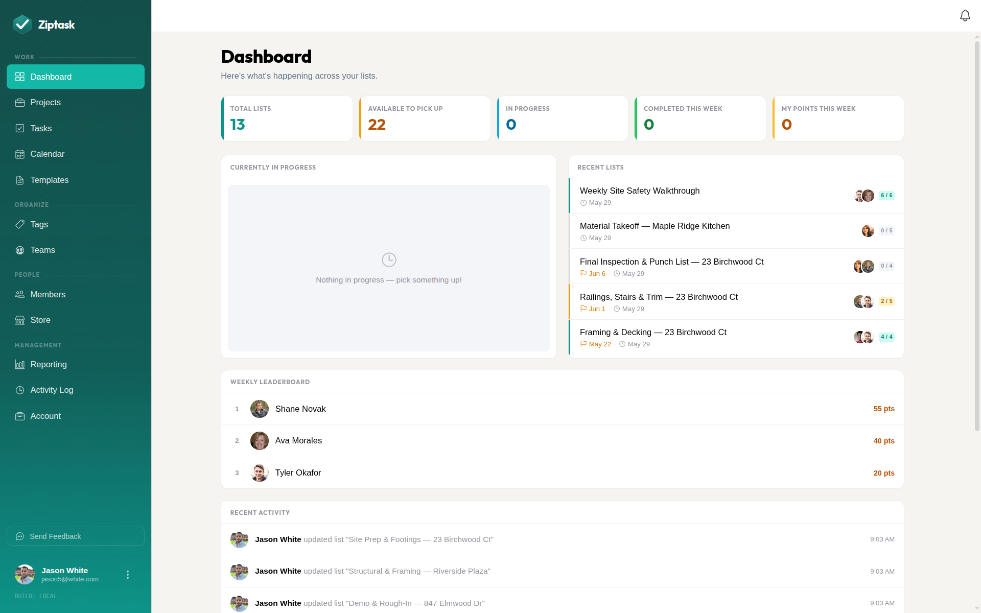 Ziptask dashboard on desktop