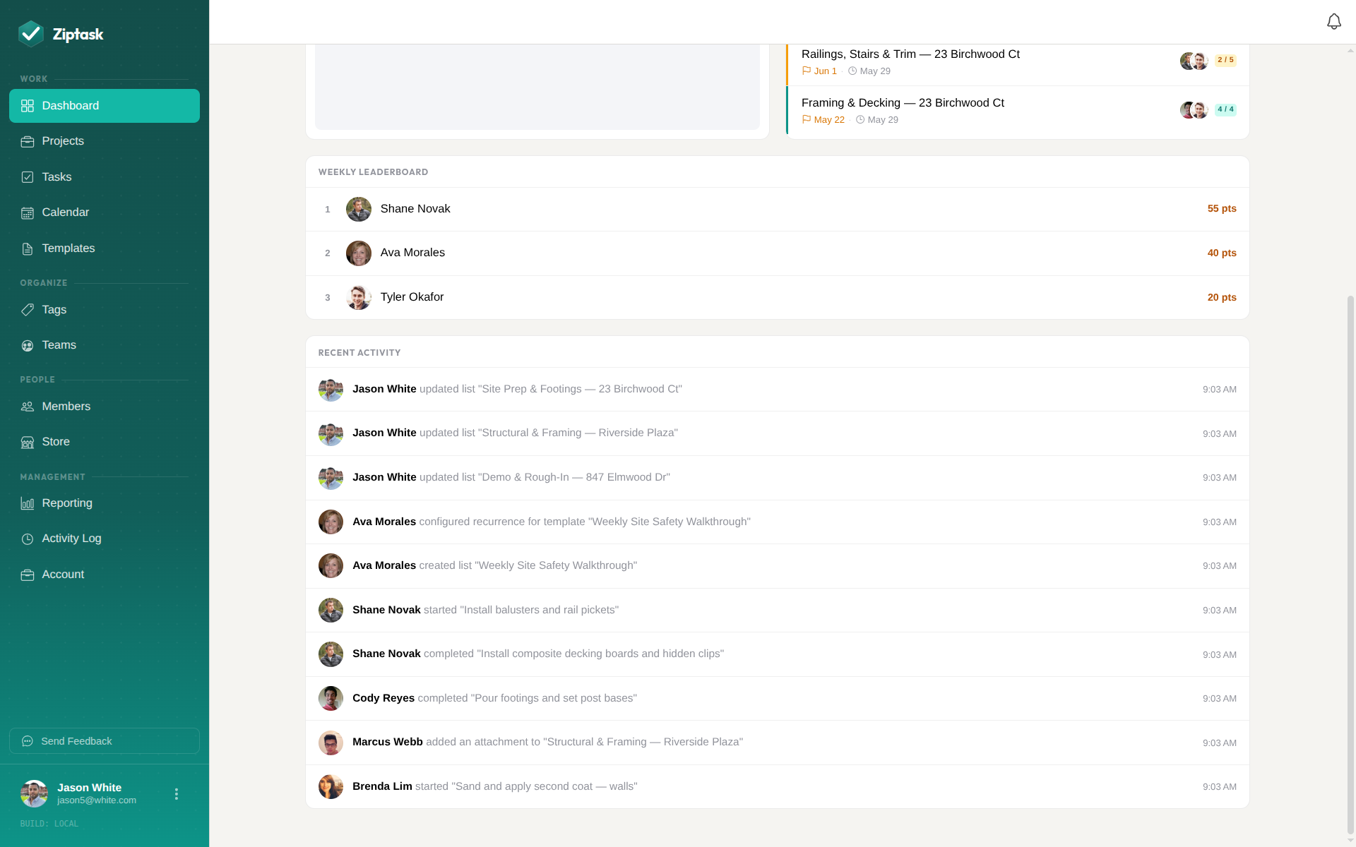 Ziptask real-time activity feed on web