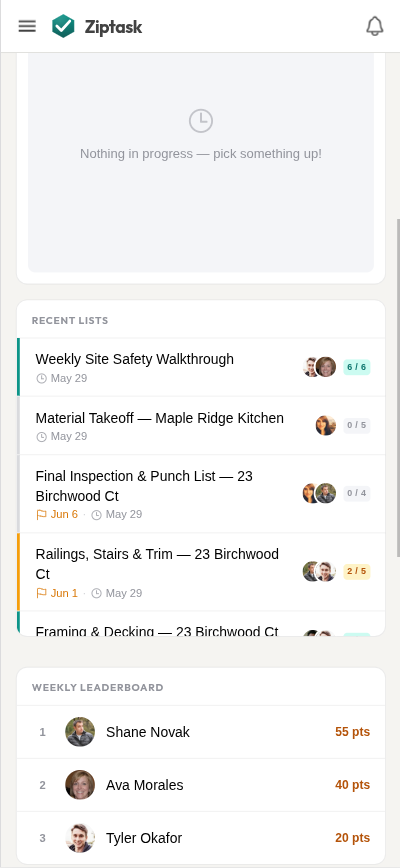 Ziptask live updates on mobile
